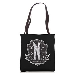 wednesday nevermore logo distressed tote bag