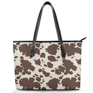 Poetesant Brown Cow Print Handbag for Women Cow Print Tote Bags Color Block Top-Handle Large Purses Casual Leather Shoulder Bags for Business