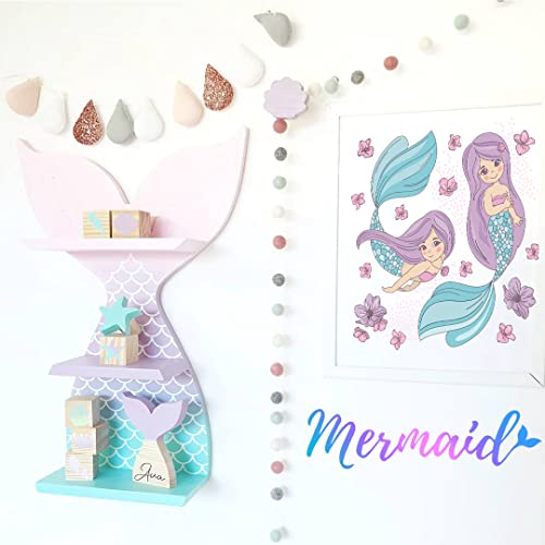 Floating Shelves for Wall Decor Wood Nursery Shelves Wall Shelf Unicorn Mermaid Room Bedroom Bathroom Decor Cute Mermaid Gifts for Girls Teen Girl Kids Little Baby Nautical Ocean Beach Theme (L)