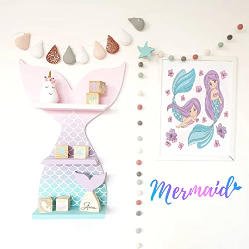 Floating Shelves for Wall Decor Wood Nursery Shelves Wall Shelf Unicorn Mermaid Room Bedroom Bathroom Decor Cute Mermaid Gifts for Girls Teen Girl Kids Little Baby Nautical Ocean Beach Theme (L)