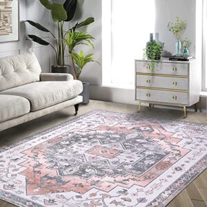caromio vintage area rug, machine washable extral large 9′ x 12′ boho distressed area rugs traditional chic carpet coffee table rug farmhouse dining table rug office bedroom decor, persian peach