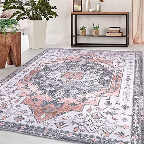 CAROMIO Vintage Area Rug, Machine Washable Extral Large 9' x 12' Boho Distressed Area Rugs Traditional Chic Carpet Coffee Table Rug Farmhouse Dining Table Rug Office Bedroom Decor, Persian Peach