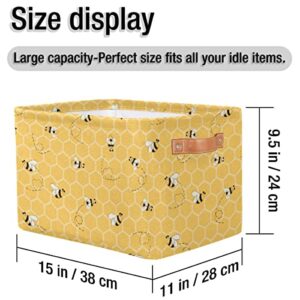 Yellow Bees Pattern Storage Baskets, 2 Pack Storage Bins with Durable Leather Handles Honeycombs Honey Bee Foldable Closet Organizer Bins for Clothing, Blanket, Comforters, Toys