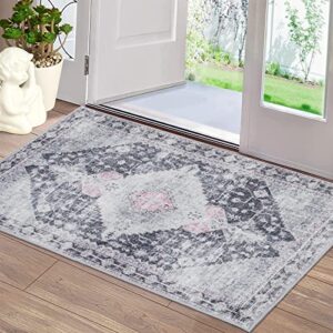 rugsreal area rug 2’x3′ machine washable rugs grey boho rug persian distressed entryway rug doormat non slip for living room, bedroom, bathroom, kitchen, floor decoration carpet mat