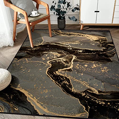Modern Abstract Collection Area Rug - 3' x 5' Washable Entryway Rug Non-Slip Luxury Marble Texture Area Rug for Bedroom Dining Room Home Office Decor Under Kitchen (Brown/Gold)