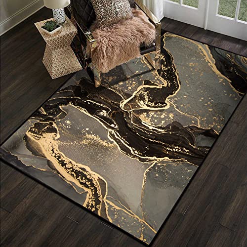 Modern Abstract Collection Area Rug - 3' x 5' Washable Entryway Rug Non-Slip Luxury Marble Texture Area Rug for Bedroom Dining Room Home Office Decor Under Kitchen (Brown/Gold)