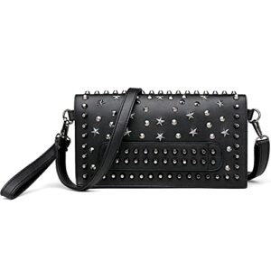 kuang! black dark punk style shoulder bag pu leather wristlets clutch purse fashion rivets handbags