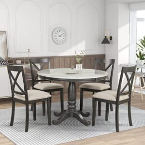 merax 5-piece round dining table and chairs set for 4 persons veneer top and wood frame for kitchen room, gray_faux marble