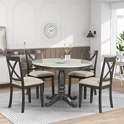 Merax 5-Piece Round Dining Table and Chairs Set for 4 Persons Veneer Top and Wood Frame for Kitchen Room, Gray_Faux Marble