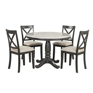 Merax 5-Piece Round Dining Table and Chairs Set for 4 Persons Veneer Top and Wood Frame for Kitchen Room, Gray_Faux Marble