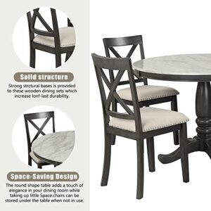 Merax 5-Piece Round Dining Table and Chairs Set for 4 Persons Veneer Top and Wood Frame for Kitchen Room, Gray_Faux Marble