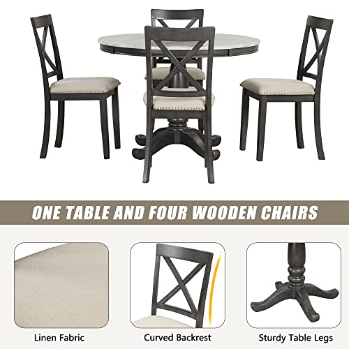 Merax 5-Piece Round Dining Table and Chairs Set for 4 Persons Veneer Top and Wood Frame for Kitchen Room, Gray_Faux Marble