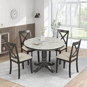 Merax 5-Piece Round Dining Table and Chairs Set for 4 Persons Veneer Top and Wood Frame for Kitchen Room, Gray_Faux Marble