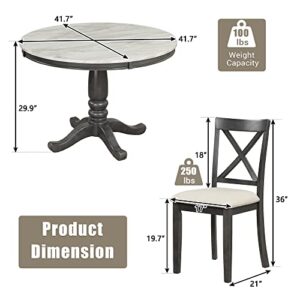 Merax 5-Piece Round Dining Table and Chairs Set for 4 Persons Veneer Top and Wood Frame for Kitchen Room, Gray_Faux Marble