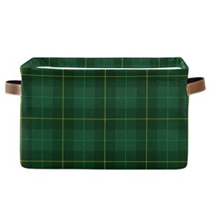 kigai collapsible storage basket with handles, dark green tartan plaid canvas fabric storage bins toys clothes organizer for bedroom, nursery, shelves, closets (1pack)
