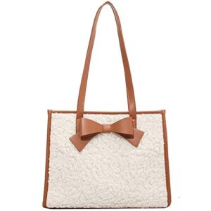 mudono tote bag for girls women faux shearling shoulder purse spacious medium work bag elegant fluffy handbag with bow
