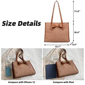 Mudono Tote Bag for Girls Women Faux Shearling Shoulder Purse Spacious Medium Work Bag Elegant Fluffy Handbag with Bow