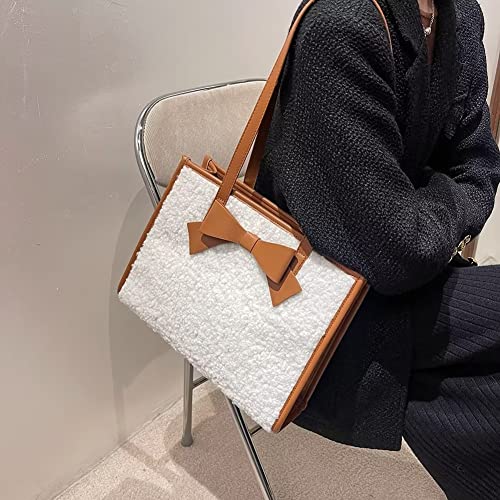 Mudono Tote Bag for Girls Women Faux Shearling Shoulder Purse Spacious Medium Work Bag Elegant Fluffy Handbag with Bow