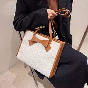 Mudono Tote Bag for Girls Women Faux Shearling Shoulder Purse Spacious Medium Work Bag Elegant Fluffy Handbag with Bow