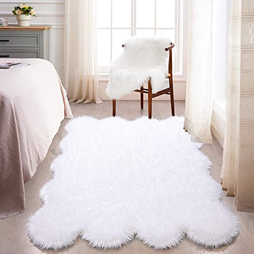 HOMBYS Fluffy Faux Fur Sheepskin Area Rug 5x8 ft, Large Shag Floor Mat for Living Room Bedroom, Soft Bedside Carpet for Kids Room Sofa Nursery, White