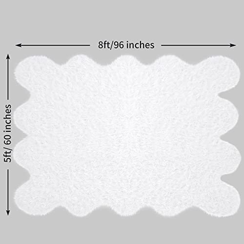 HOMBYS Fluffy Faux Fur Sheepskin Area Rug 5x8 ft, Large Shag Floor Mat for Living Room Bedroom, Soft Bedside Carpet for Kids Room Sofa Nursery, White