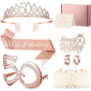 unittype 50th birthday gifts for women, including 50th birthday tiara crown, sash, 50th birthday glasses, cake topper, candles, wishing card and box, rose gold 50th birthday decorations women