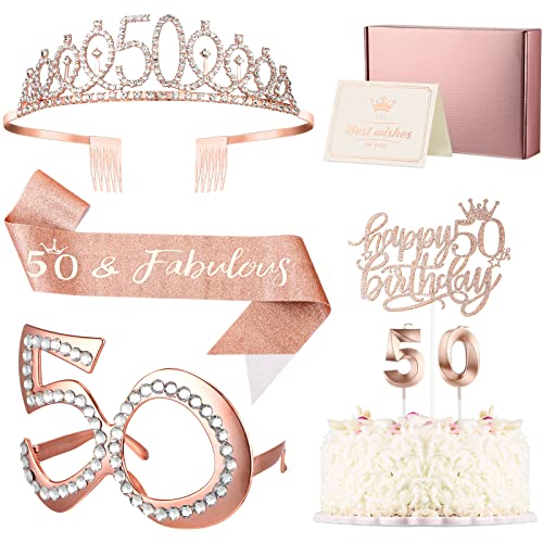 Unittype 50th Birthday Gifts for Women, Including 50th Birthday Tiara Crown, Sash, 50th Birthday Glasses, Cake Topper, Candles, Wishing Card and Box, Rose Gold 50th Birthday Decorations Women