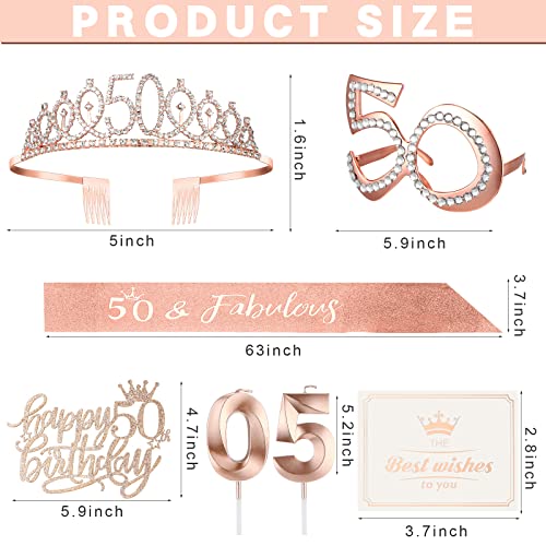 Unittype 50th Birthday Gifts for Women, Including 50th Birthday Tiara Crown, Sash, 50th Birthday Glasses, Cake Topper, Candles, Wishing Card and Box, Rose Gold 50th Birthday Decorations Women