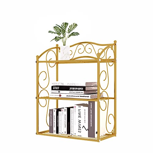 YADOOLIFE Metal Wire Wall Shelf Unit, 3-Tier Wall Mounted Gold Floating Shelves with Liners, Hanging/Standing Storage Shelving Rack for Pantry Bathroom Office Home Organization