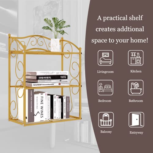 YADOOLIFE Metal Wire Wall Shelf Unit, 3-Tier Wall Mounted Gold Floating Shelves with Liners, Hanging/Standing Storage Shelving Rack for Pantry Bathroom Office Home Organization