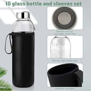 Eccliy 10 Pack 24 oz Glass Water Bottles Sets with Stainless Steel Lids and Sleeves Reusable Refillable Airtight Clear Glass Bottles with Carrying Loop for Juicing Beverages Travel Home Workout