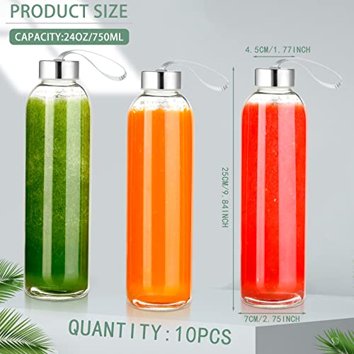 Eccliy 10 Pack 24 oz Glass Water Bottles Sets with Stainless Steel Lids and Sleeves Reusable Refillable Airtight Clear Glass Bottles with Carrying Loop for Juicing Beverages Travel Home Workout