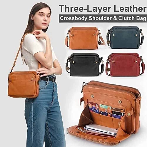 Crossbody Leather Shoulder Bags and Clutches, Women's 3 layer Multiple Compartments Clutch Purse Handbag Off-Crossbody (Black)