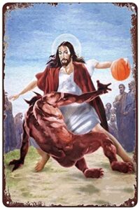 vintage metal tin sign – jesus vs satan in basketball poster funny signs wall art decor plaque for home bar pub club cafe living room 8×12 inch