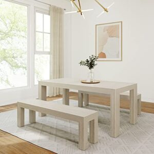 plank+beam modern wood dining table set, solid wood dining table with 2 benches for dining room/kitchen, seashell wirebrush