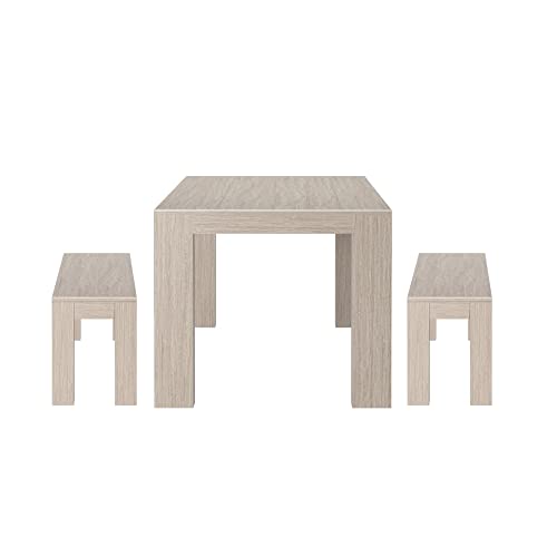Plank+Beam Modern Wood Dining Table Set, Solid Wood Dining Table with 2 Benches for Dining Room/Kitchen, Seashell Wirebrush
