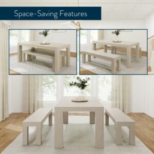 Plank+Beam Modern Wood Dining Table Set, Solid Wood Dining Table with 2 Benches for Dining Room/Kitchen, Seashell Wirebrush
