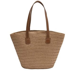 rejolly straw tote bag for women beach summer vacation boho rattan handbags large woven shoulder purse with zipper leather handle purse khaki