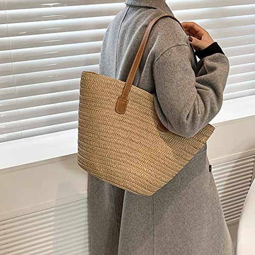 Rejolly Straw Tote Bag for Women Beach Summer Vacation Boho Rattan Handbags Large Woven Shoulder Purse with Zipper Leather Handle Purse Khaki