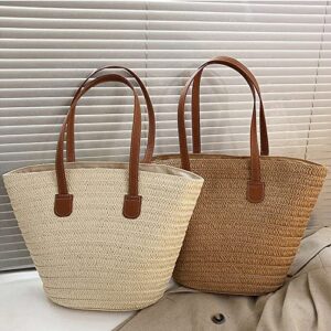 Rejolly Straw Tote Bag for Women Beach Summer Vacation Boho Rattan Handbags Large Woven Shoulder Purse with Zipper Leather Handle Purse Khaki