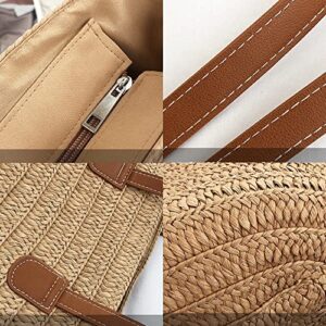 Rejolly Straw Tote Bag for Women Beach Summer Vacation Boho Rattan Handbags Large Woven Shoulder Purse with Zipper Leather Handle Purse Khaki