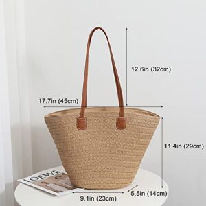 Rejolly Straw Tote Bag for Women Beach Summer Vacation Boho Rattan Handbags Large Woven Shoulder Purse with Zipper Leather Handle Purse Khaki