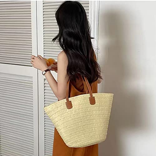 Rejolly Straw Tote Bag for Women Beach Summer Vacation Boho Rattan Handbags Large Woven Shoulder Purse with Zipper Leather Handle Purse Khaki