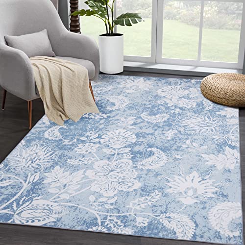 Fashionwu Washable Rug 8x10 Floral Large Area Rug Boho Disstressed Medallion Carpet for Bedroom Living Room 8x10 Area Rug Aesthetic Floor Cover Non-Shedding Anti-Slip Floor Carpet, Blue