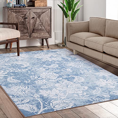 Fashionwu Washable Rug 8x10 Floral Large Area Rug Boho Disstressed Medallion Carpet for Bedroom Living Room 8x10 Area Rug Aesthetic Floor Cover Non-Shedding Anti-Slip Floor Carpet, Blue