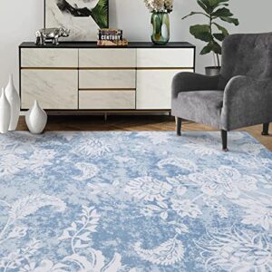 Fashionwu Washable Rug 8x10 Floral Large Area Rug Boho Disstressed Medallion Carpet for Bedroom Living Room 8x10 Area Rug Aesthetic Floor Cover Non-Shedding Anti-Slip Floor Carpet, Blue