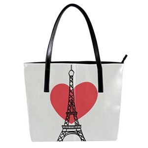 simple eiffel tower with red heart tote bag for women girls, leather shoulder bag with inside pockets, zip top handbags