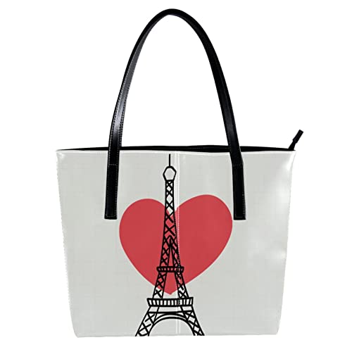 Simple Eiffel Tower with Red Heart Tote Bag for Women Girls, Leather Shoulder Bag with Inside Pockets, Zip Top Handbags