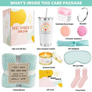 Get Well Soon Gifts for Women, 12 Pcs Care Package Get Well Gift Basket for Sick Friends After Surgery, Feel Better Self Care Gift, Sympathy Gifts Thinking of you Box for Women Mom Her w/Cyan Blanket