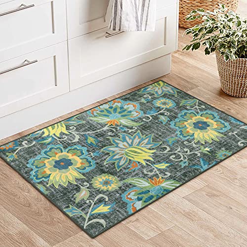 Beeiva Floral Small Entryway Area Rug, 2x3 Green Washable Kitchen Rug Non Slip Front Door Rug Indoor Entrance, Modern Plant Doormat Non-Shedding Throw Entry Rugs for Inside House Bedroom Bathroom